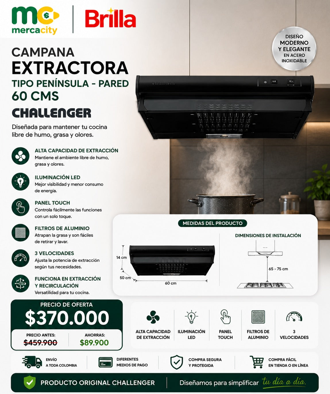 CAMPANA EXTRACTORA TIPO PENINSULA-PARED 60CM CHALLENGER - Mercacity Colombia