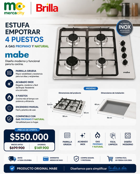ESTUFA EMPOTRAR 4 PUESTOS A GAS PROPANO Y NATURAL MABE - Mercacity Colombia