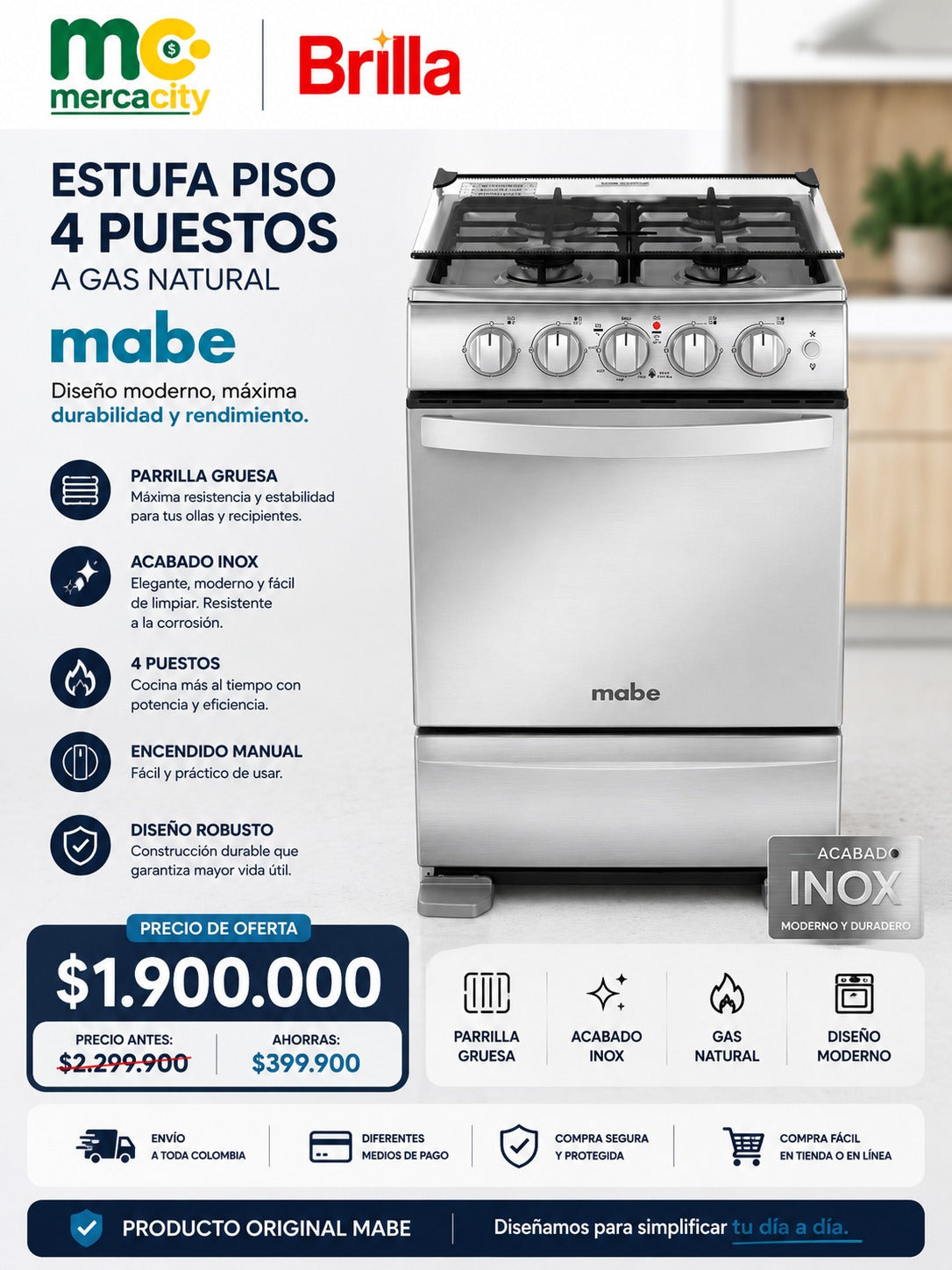 ESTUFA PISO 4 PUESTOS A GAS NATURAL MABE - Mercacity Colombia
