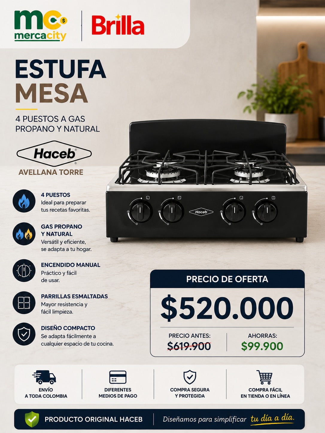 ESTUFA MESA 4 PUESTOS A GAS PROPANO Y NATURAL - Mercacity Colombia