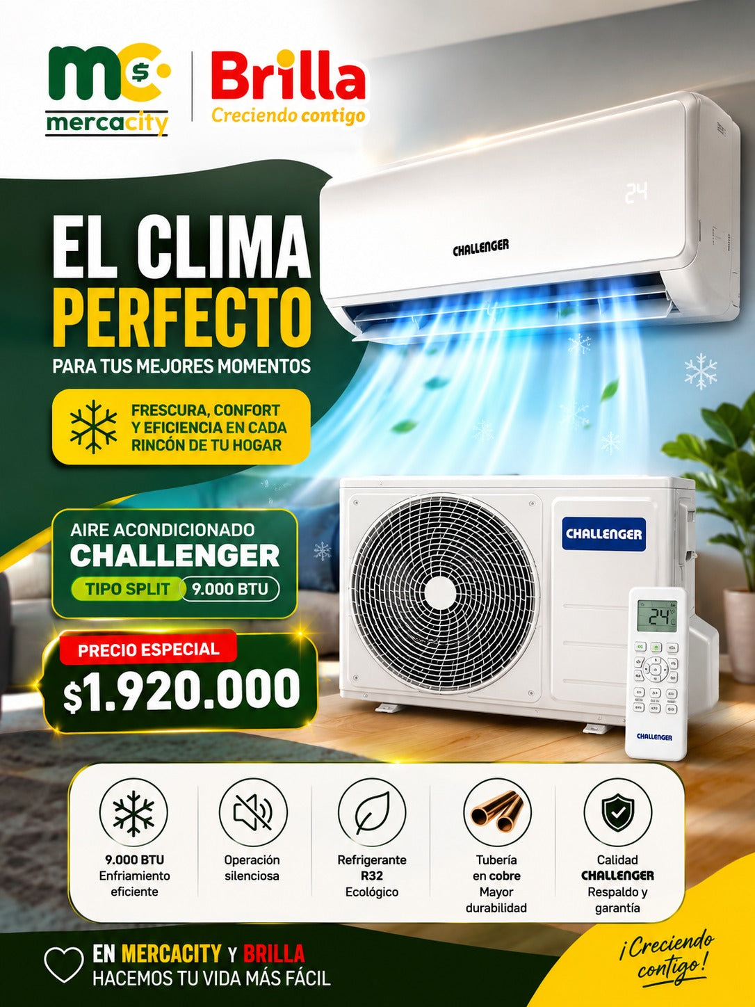 AIRE ACONDICIONADO CHALLENGER TIPO SPLIT 9.000 BTU - Mercacity Colombia