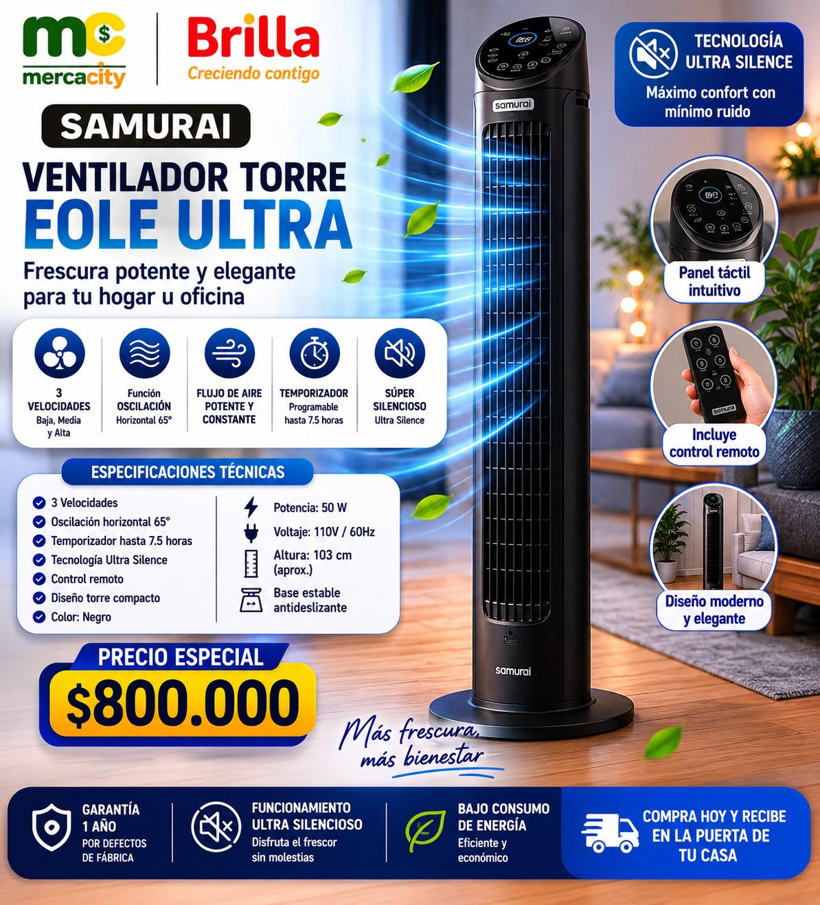 VENTILADOR TORRE EOLE ULTRA SAMURAI ULTRA SILENCIOSO - Mercacity Colombia