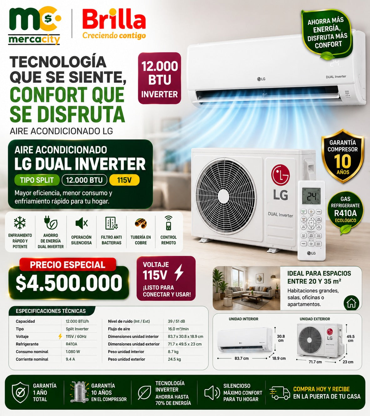 AIRE ACONDIONADO LG DUAL INVERTER TIPO SPLIT 12000 BTU - Mercacity Colombia