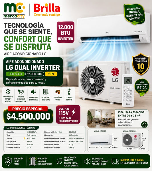 AIRE ACONDIONADO LG DUAL INVERTER TIPO SPLIT 12000 BTU - Mercacity Colombia