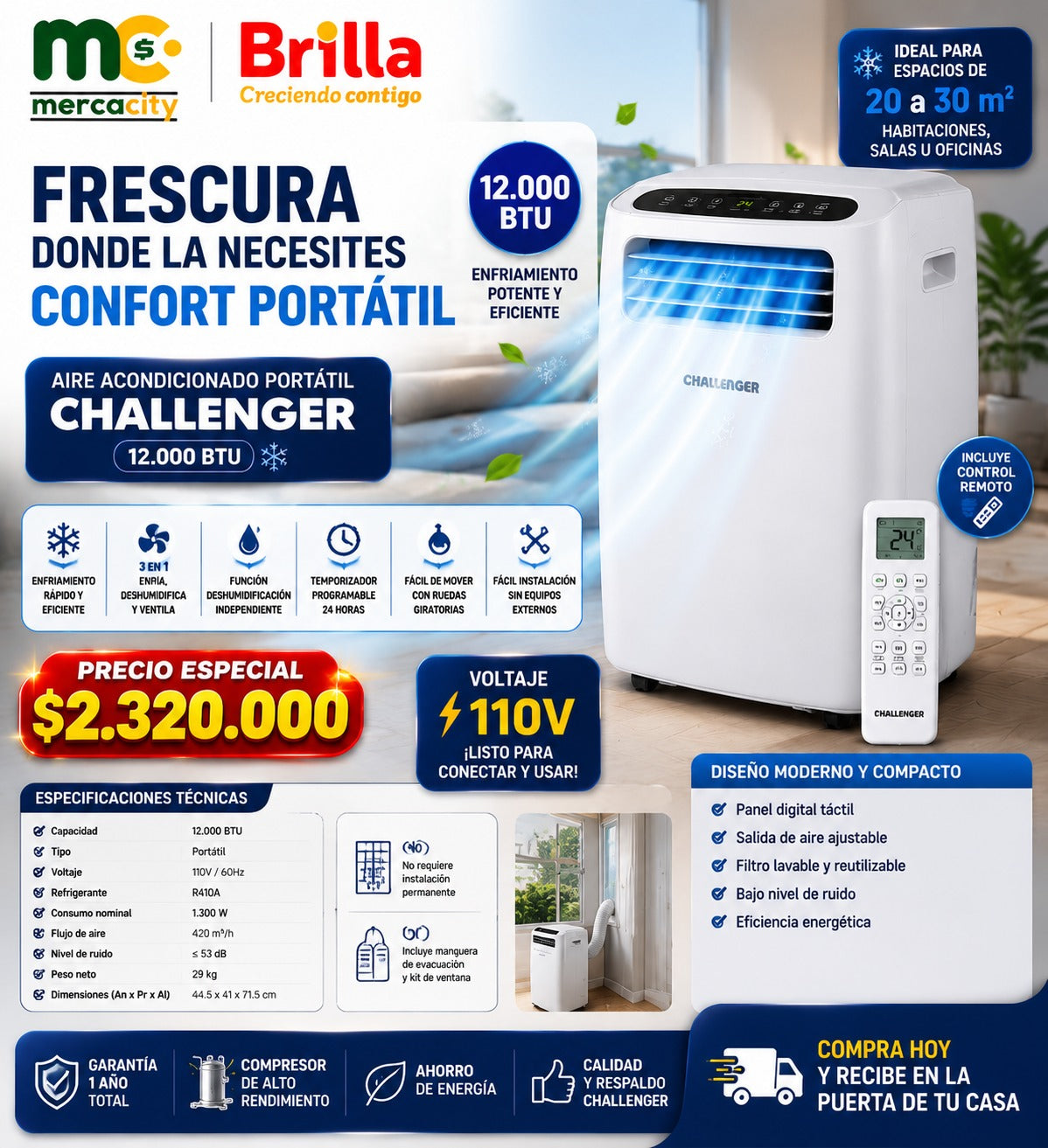 AIRE ACONDICIONADO PORTÁTIL CHALLENGER 12.000 BTU - Mercacity Colombia