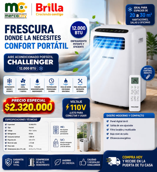 AIRE ACONDICIONADO PORTÁTIL CHALLENGER 12.000 BTU - Mercacity Colombia