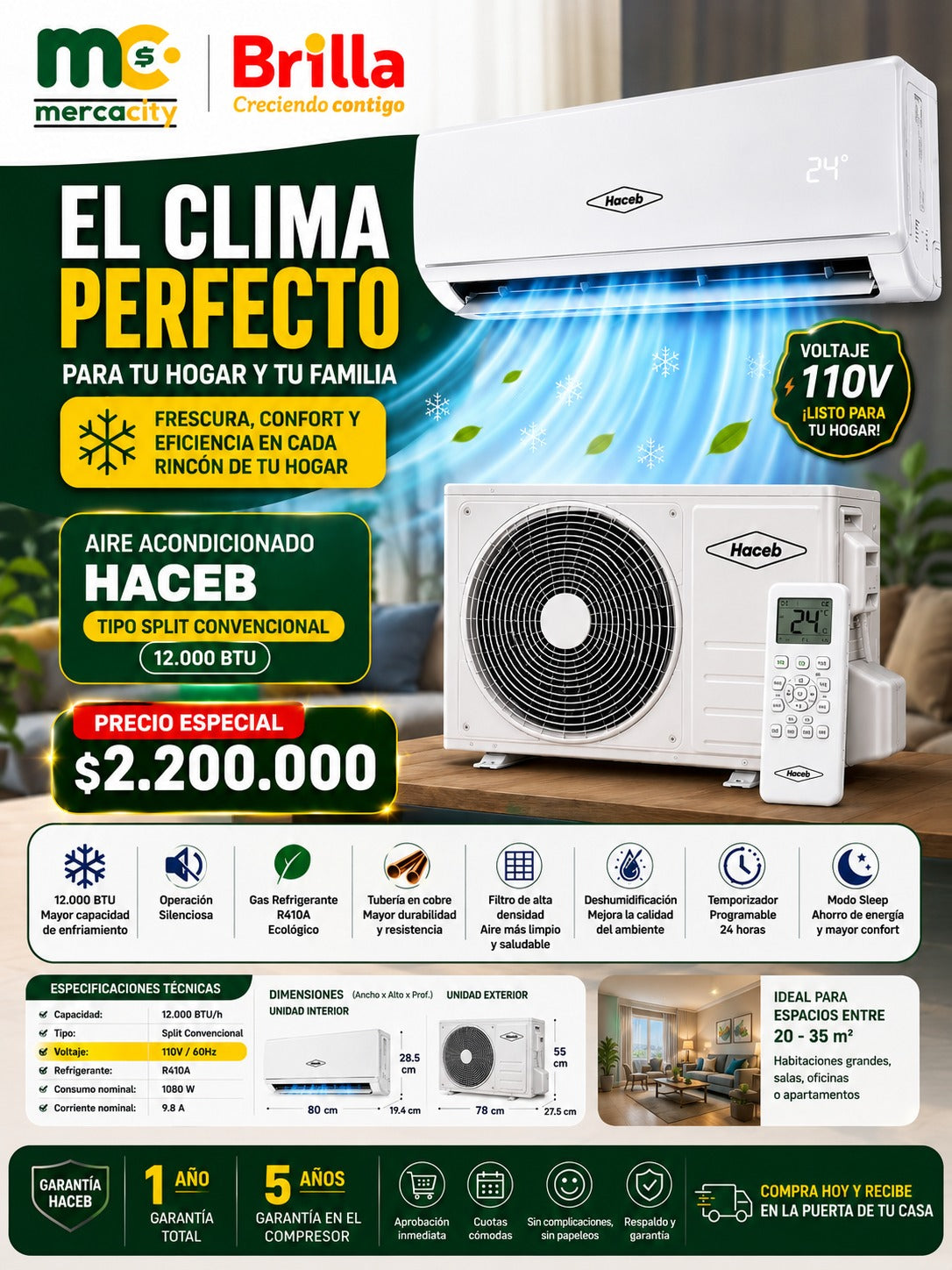 AIRE ACONDICIONADO HACEB TIPO SPLIT CONVENCIONAL 12000 BTU - Mercacity Colombia