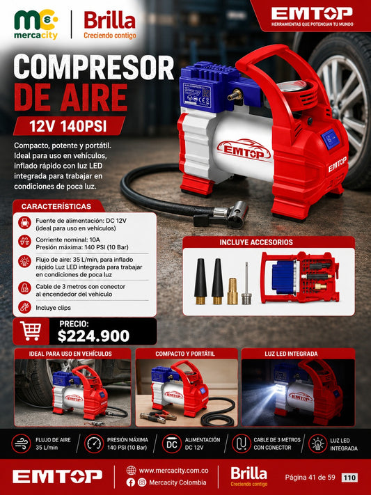 COMPRESOR DE AIRE 12V 140PSI EMTOP - Mercacity Colombia
