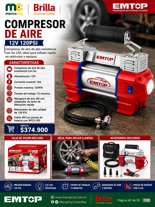 COMPRESOR DE AIRE 12V 120 PSI CON LINTERNA LUZ LED - Mercacity Colombia