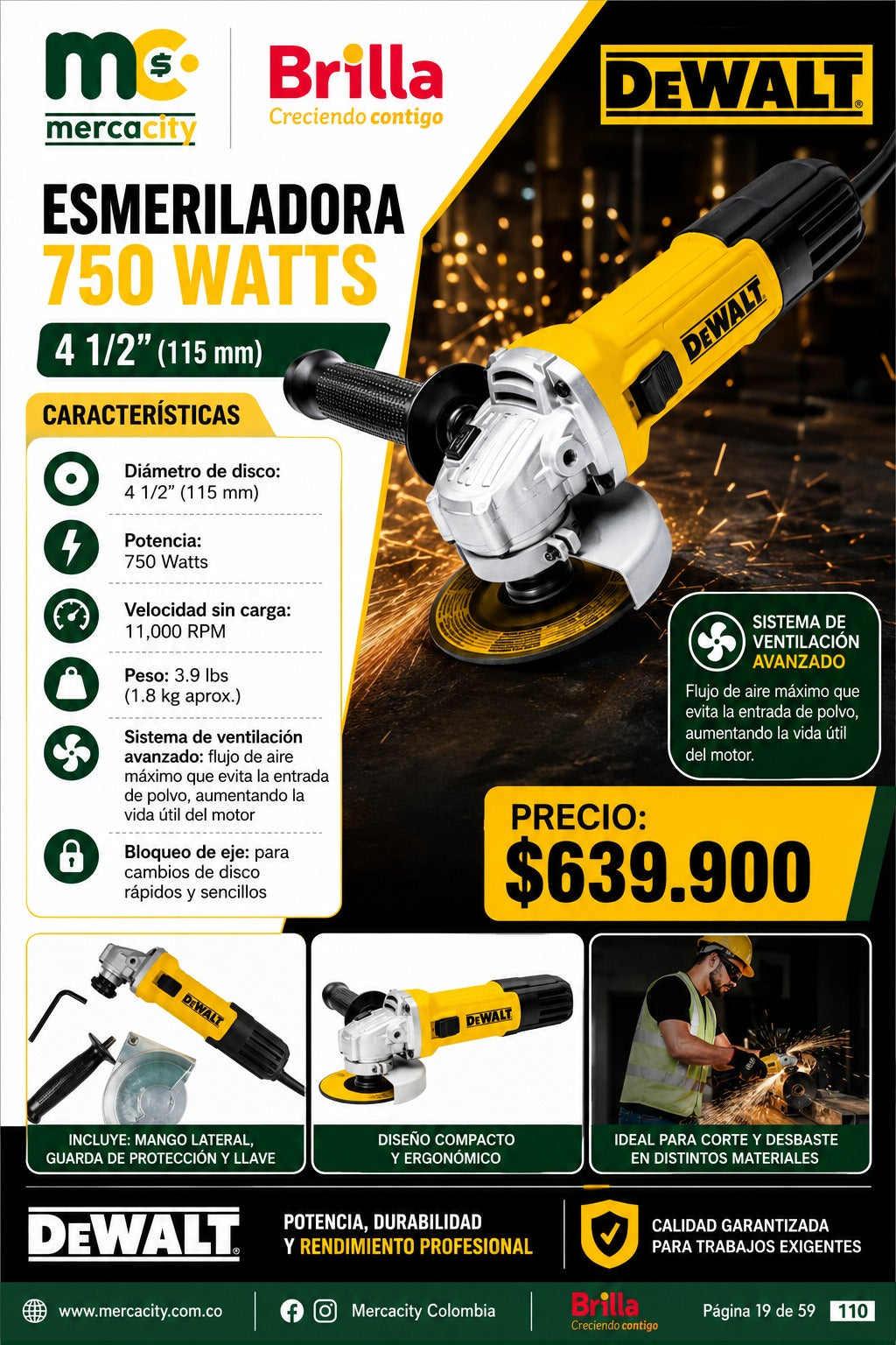 PULIDORA 750 WATTS 4 1/2"(115 mm) DeWALT - Mercacity Colombia