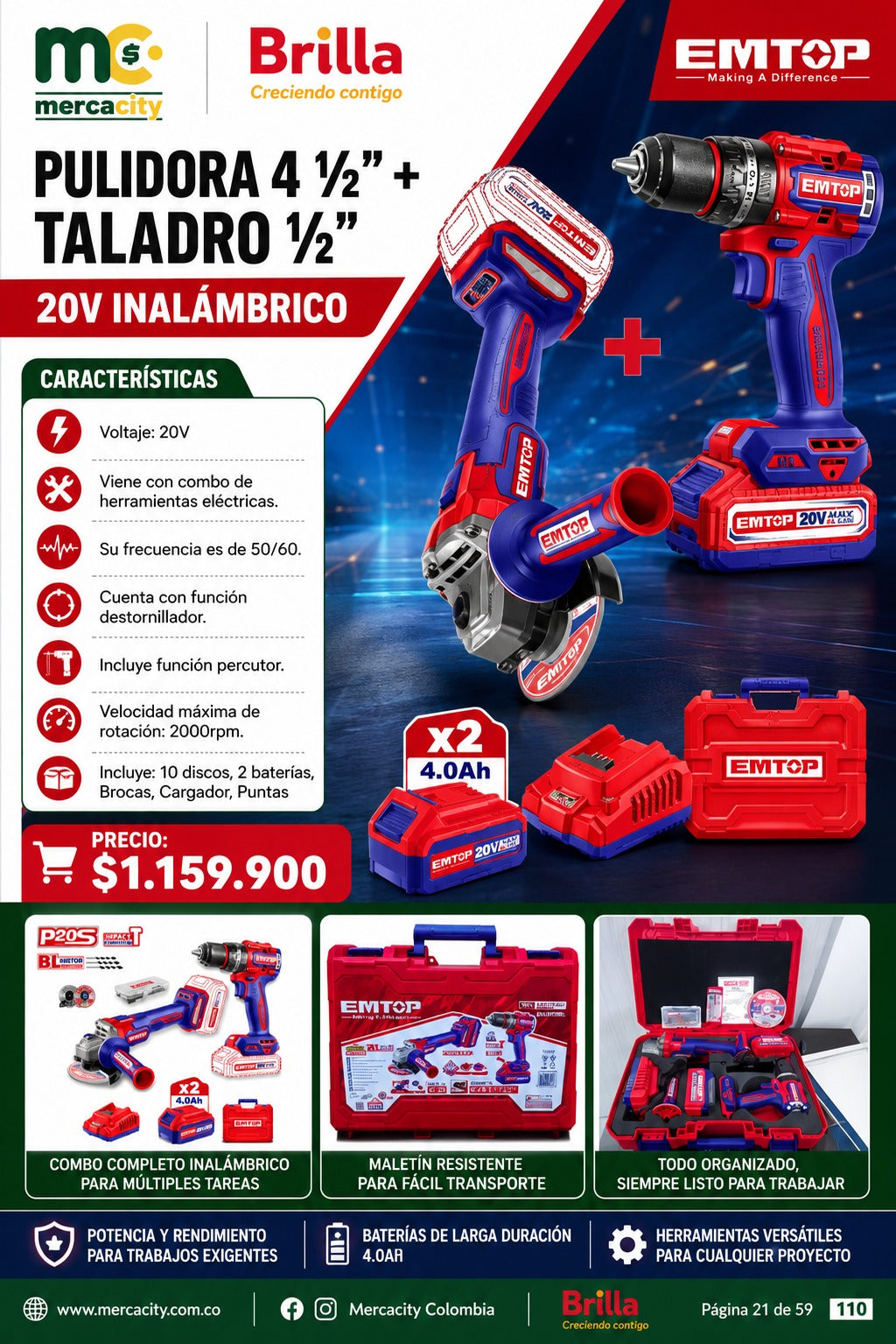 COMBO PULIDORA 4 1/2"+TALADRO 1/2" 20V INALAMBRICOS - Mercacity Colombia