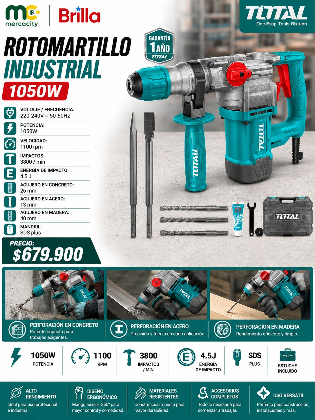 ROTOMARTILLO INDUSTRIAL 1050W TOTAL - Mercacity Colombia