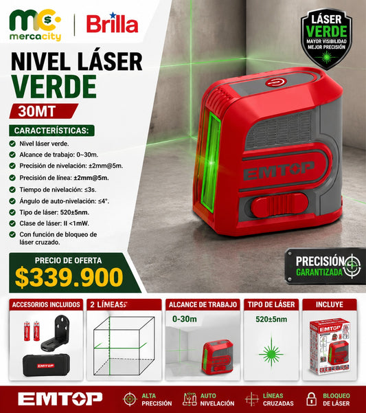 NIVEL LASER VERDE 30MT 2 LINEAS EMTOP - Mercacity Colombia