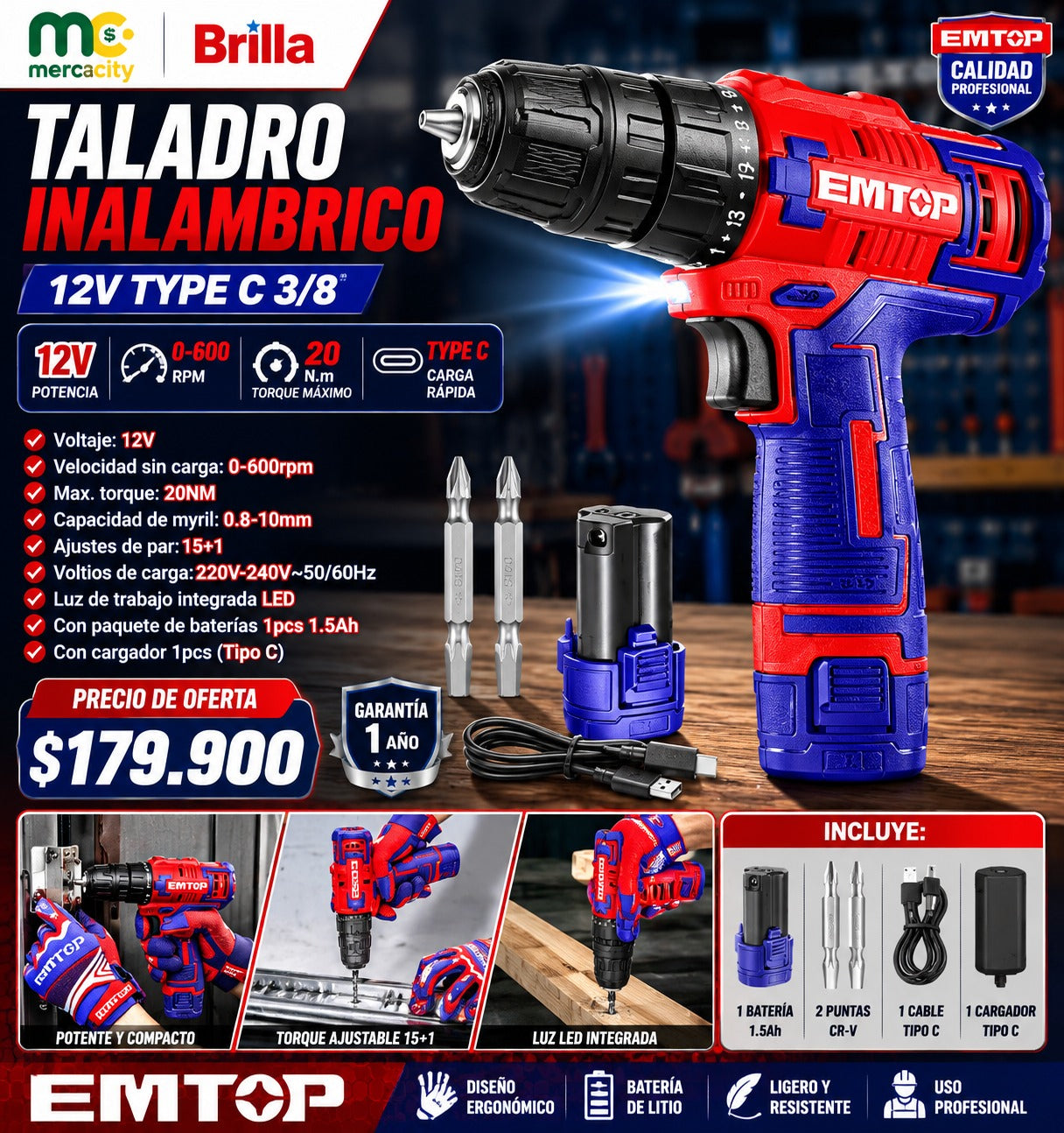 TALADRO INALÁMBRICO 12V 3/8 20N*m - Mercacity Colombia