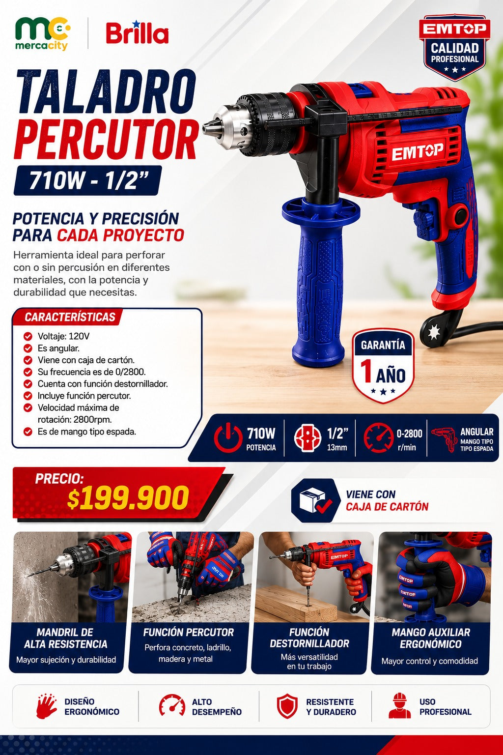 TALADRO PERCUTOR 710W 1/2" EMTOP - Mercacity Colombia