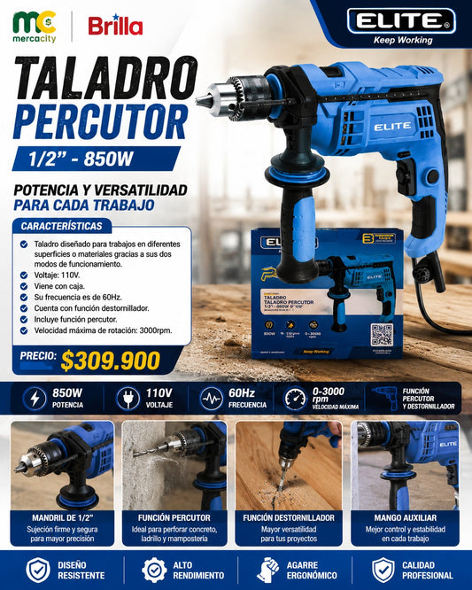 TALADRO PERCUTOR 1/2" 850W ELITE - Mercacity Colombia