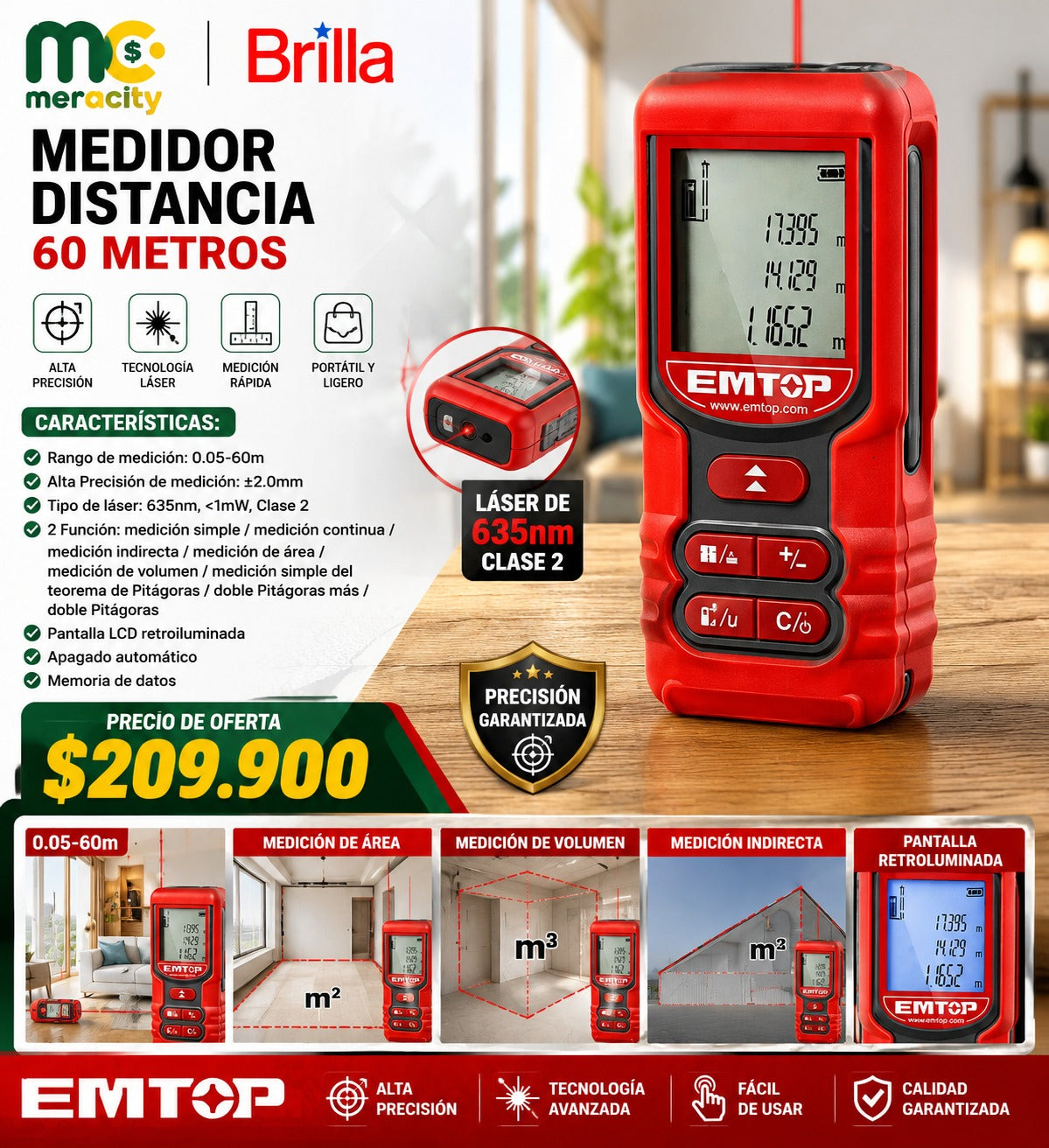 MEDIDOR DISTANCIAS 60 METROS DE CAPACIDAD EMTOP - Mercacity Colombia