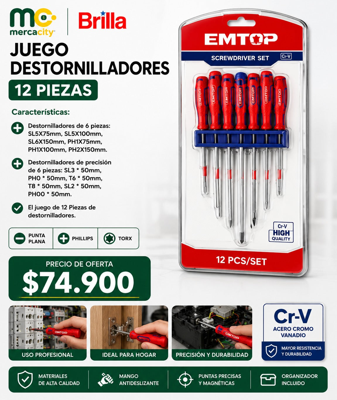 JUEGO DESTORNILLADORES 12 PIEZAS EMTOP - Mercacity Colombia