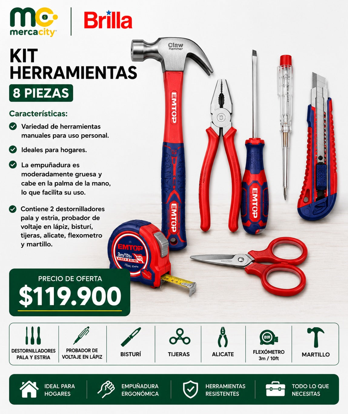 KIT HERRAMIENTAS 8 PIEZAS EMTOP - Mercacity Colombia