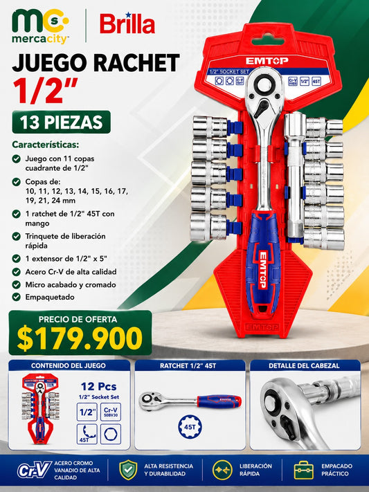 JUEGO RACHET 1/2" 13 PIEZAS EMTOP - Mercacity Colombia