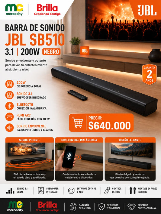 BARRA DE SONIDO JBL SB510 3.1 200W COLOR NEGRO - Mercacity Colombia