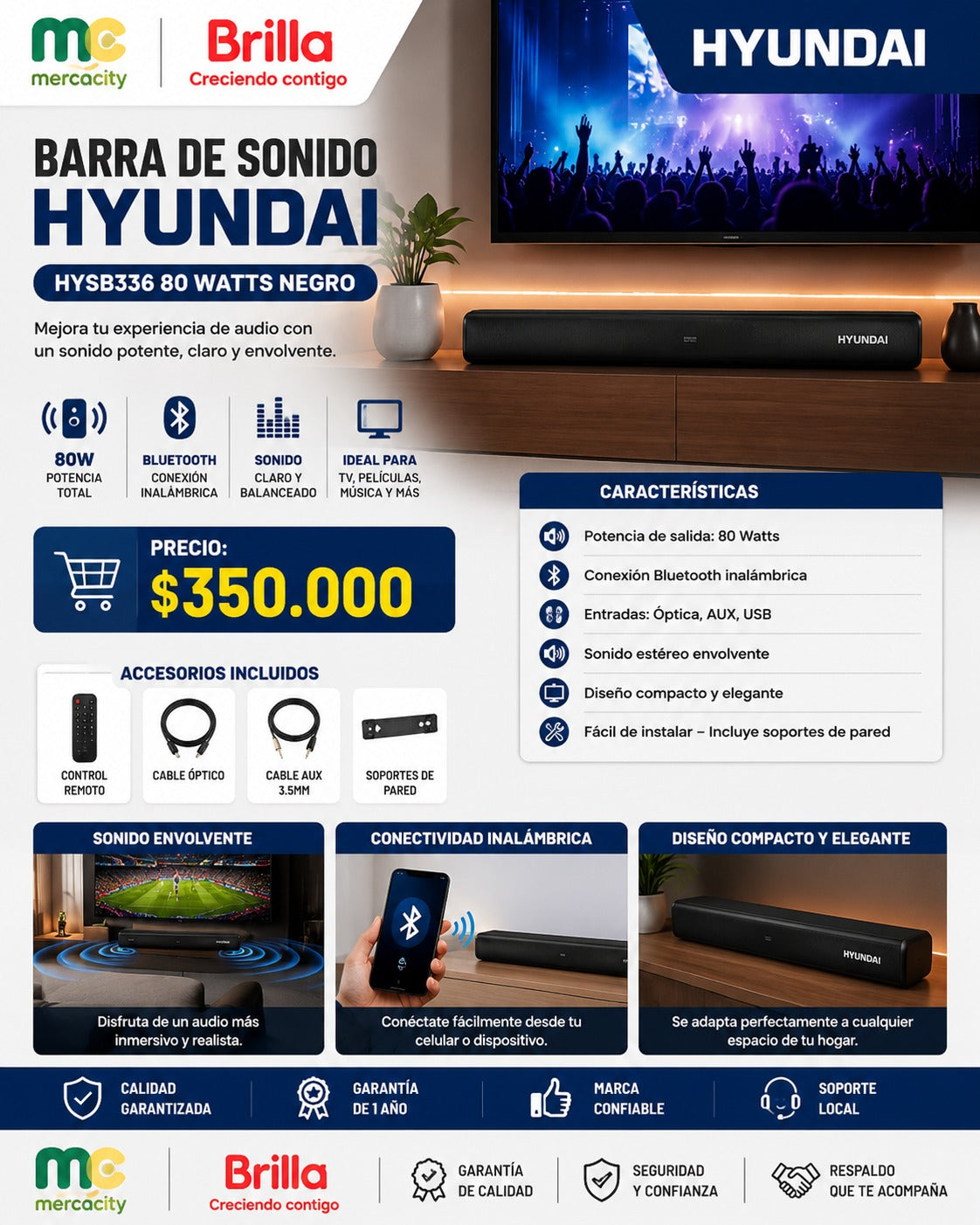 BARRA DE SONIDO HYUNDAI 80 WATTS COLOR NEGRO - Mercacity Colombia
