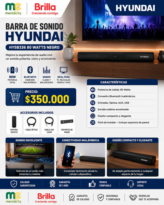 BARRA DE SONIDO HYUNDAI 80 WATTS COLOR NEGRO - Mercacity Colombia
