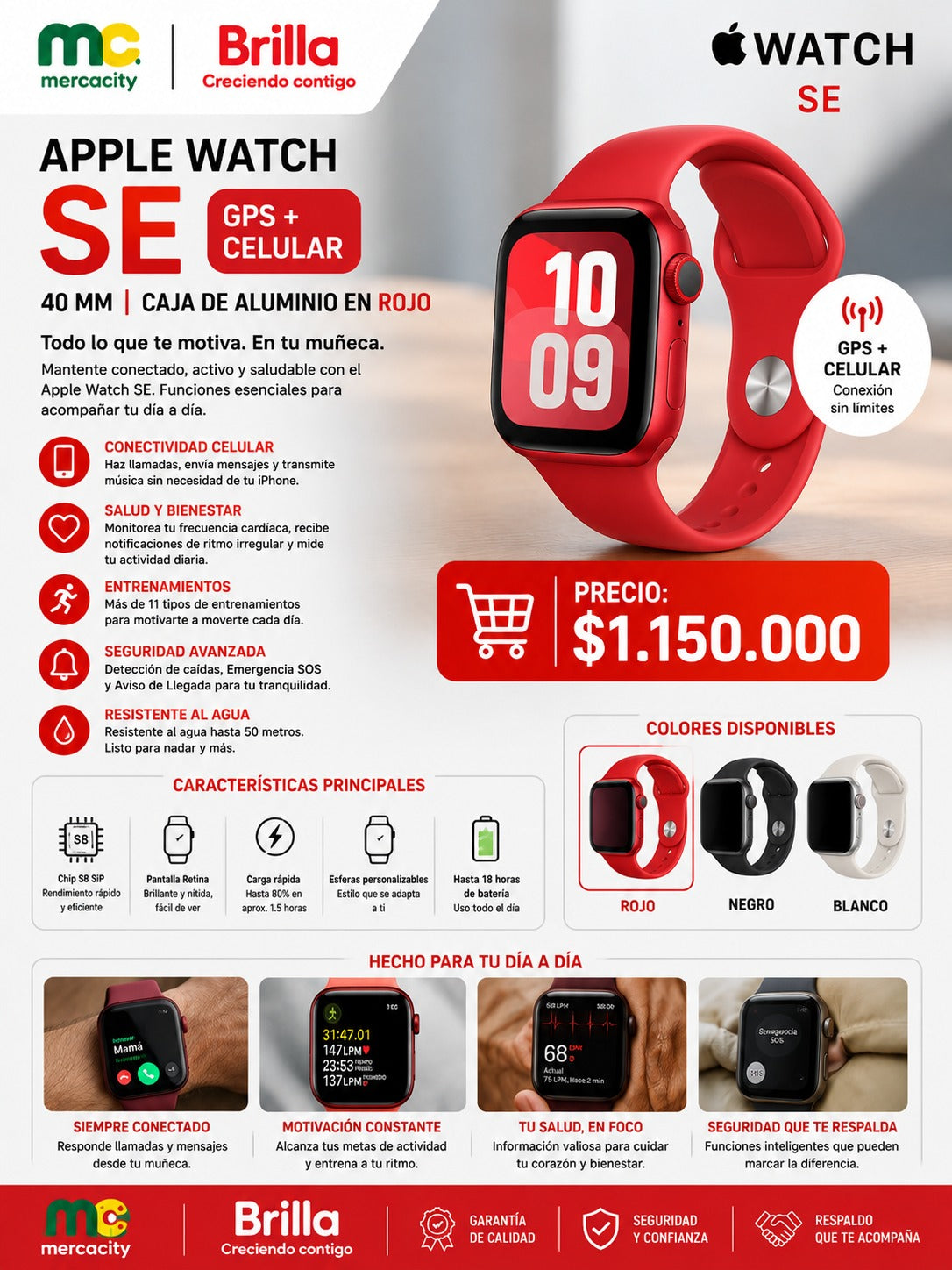 APPLE WATCH SE GPS+CELULAR 40MM COLOR ROJO - Mercacity Colombia
