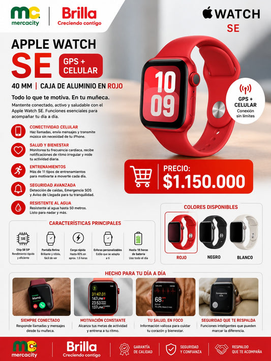 APPLE WATCH SE GPS+CELULAR 40MM COLOR ROJO - Mercacity Colombia