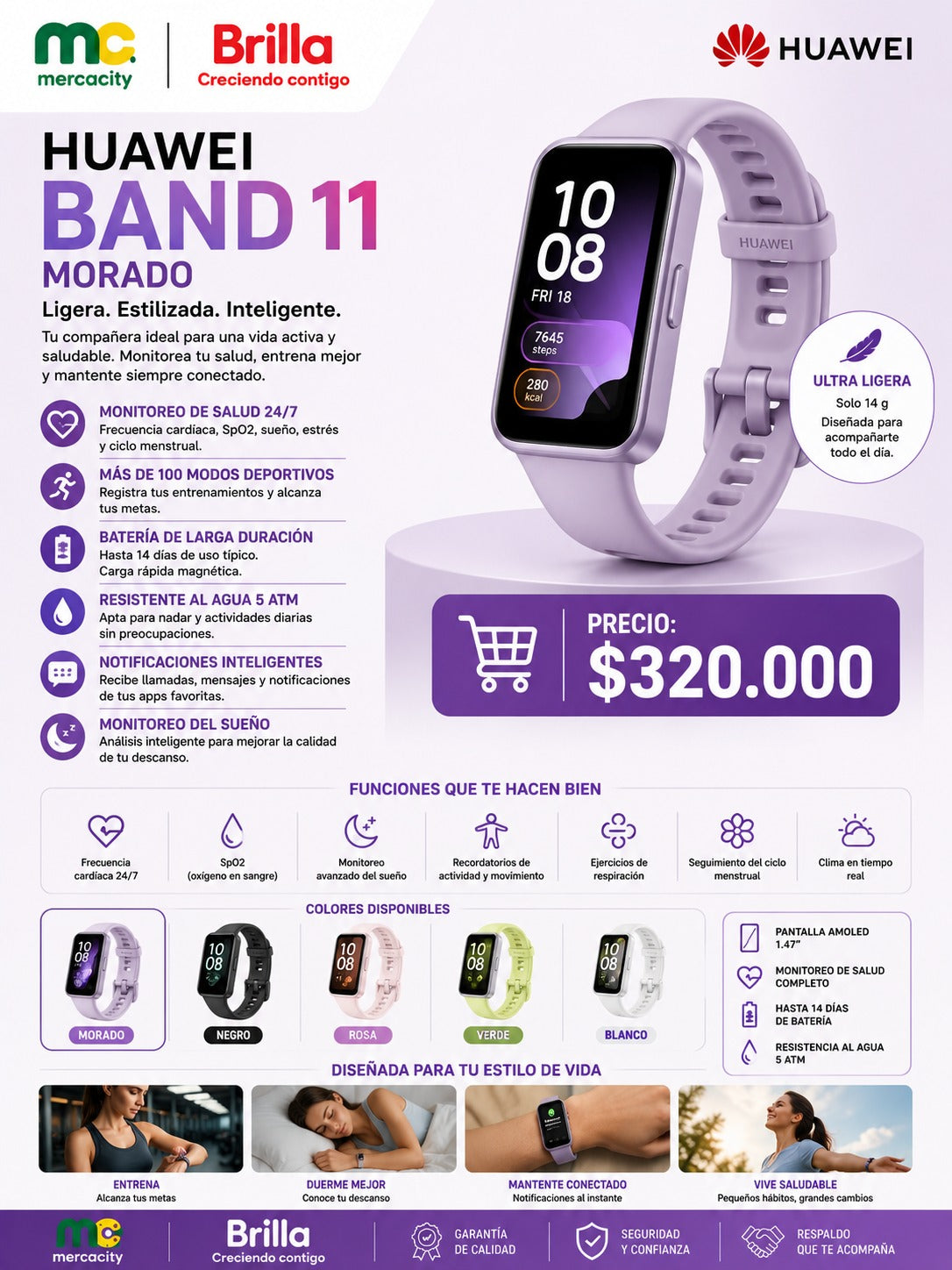 RELOJ INTELIGENTE HUAWEI BAND 11 MORADO ULTRA LIGERO - Mercacity Colombia