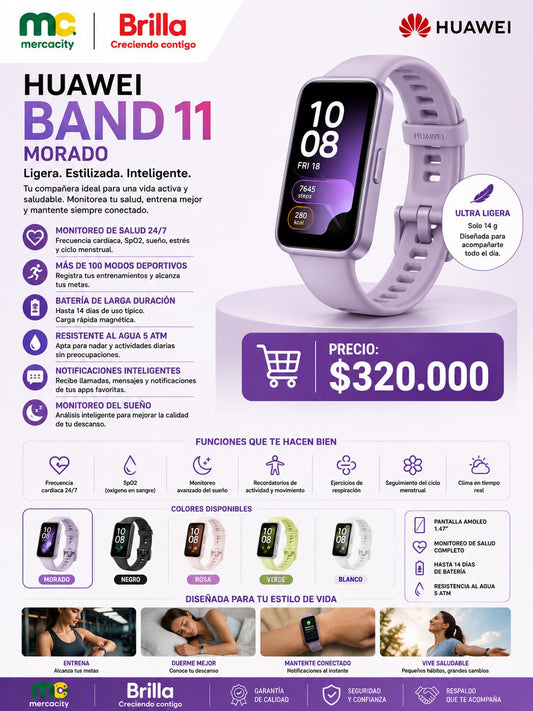 RELOJ INTELIGENTE HUAWEI BAND 11 MORADO ULTRA LIGERO - Mercacity Colombia