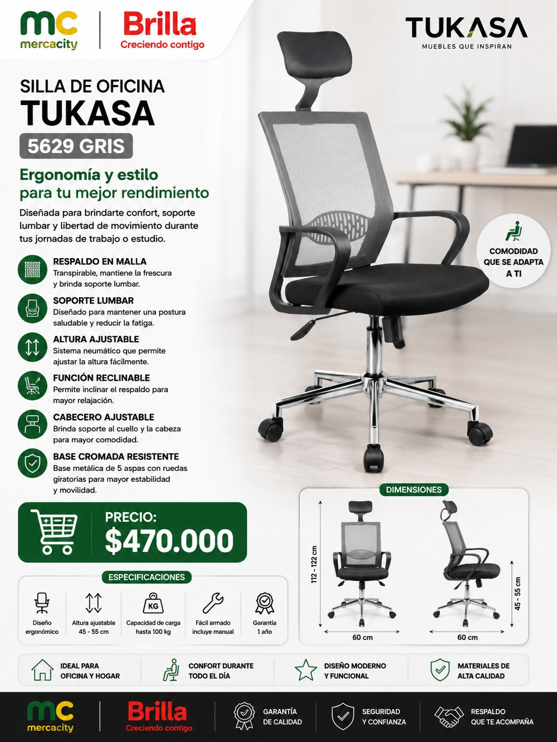 SILLA DE OFICINA TUKASA GRIS - Mercacity Colombia