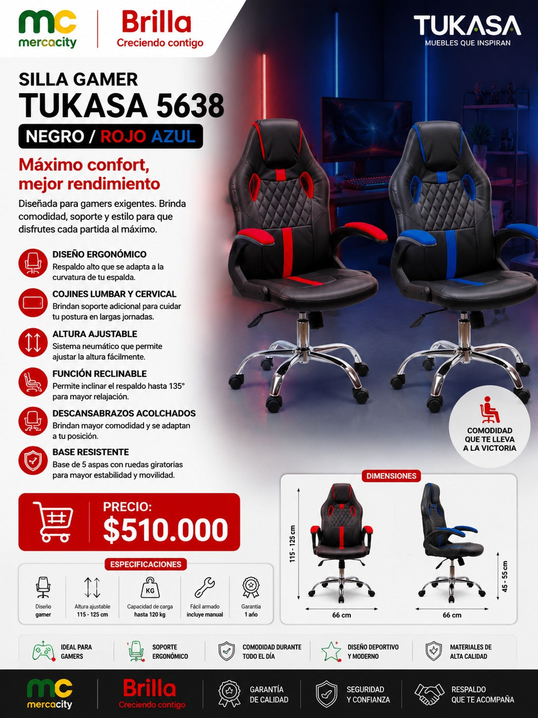 SILLA GAMER TUKASA 5638 EN COLOR NEGRO,ROJO Y AZUL - Mercacity Colombia