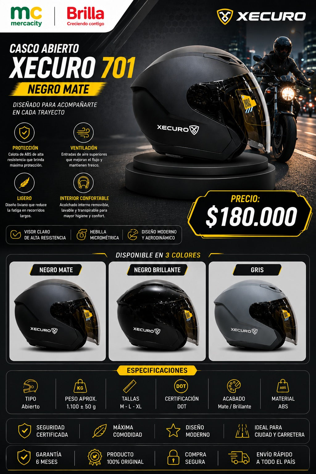 Casco Abierto XECURO 701 NEGRO MATE - Mercacity Colombia