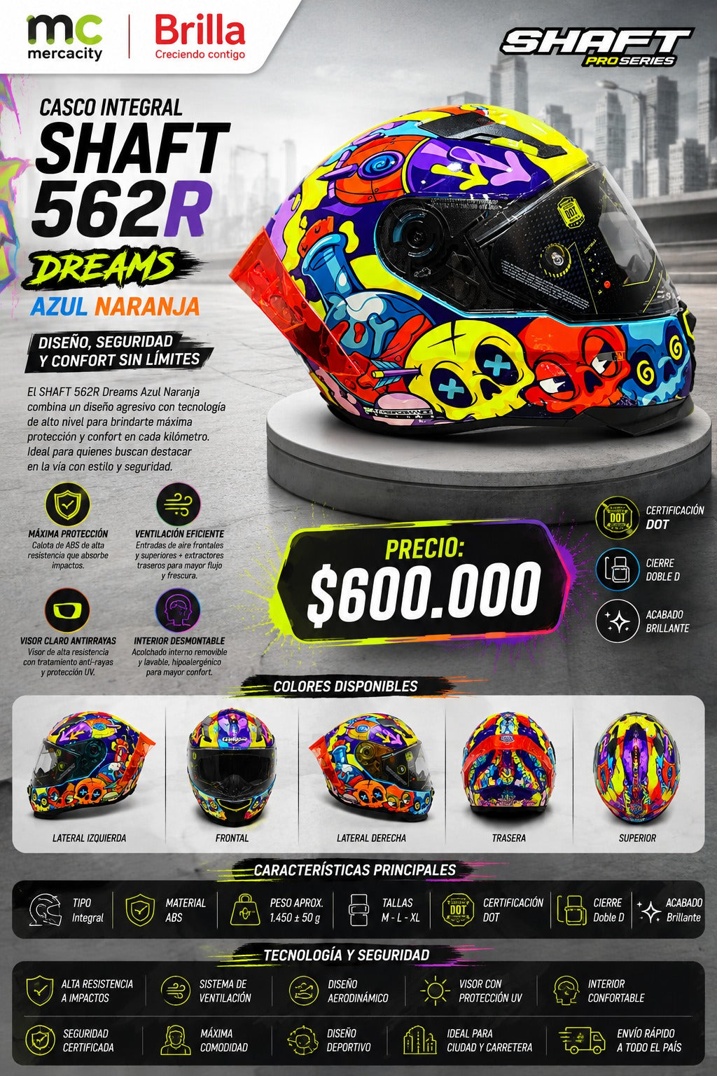 CASCO INTEGRAL SHAFT 562R DREAM AZUL NARANJA - Mercacity Colombia