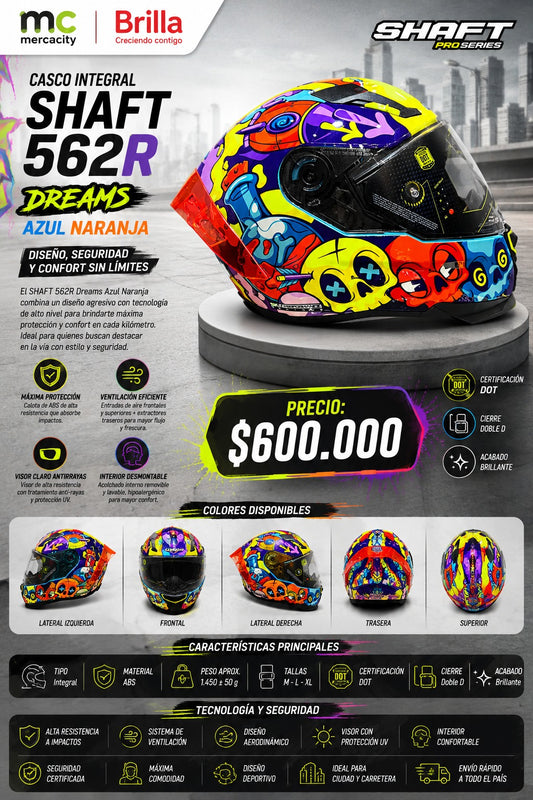 CASCO INTEGRAL SHAFT 562R DREAM AZUL NARANJA - Mercacity Colombia