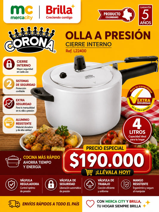 OLLA A PRESIÓN CIERRE INTERNO 4 LITROS CORONA - Mercacity Colombia