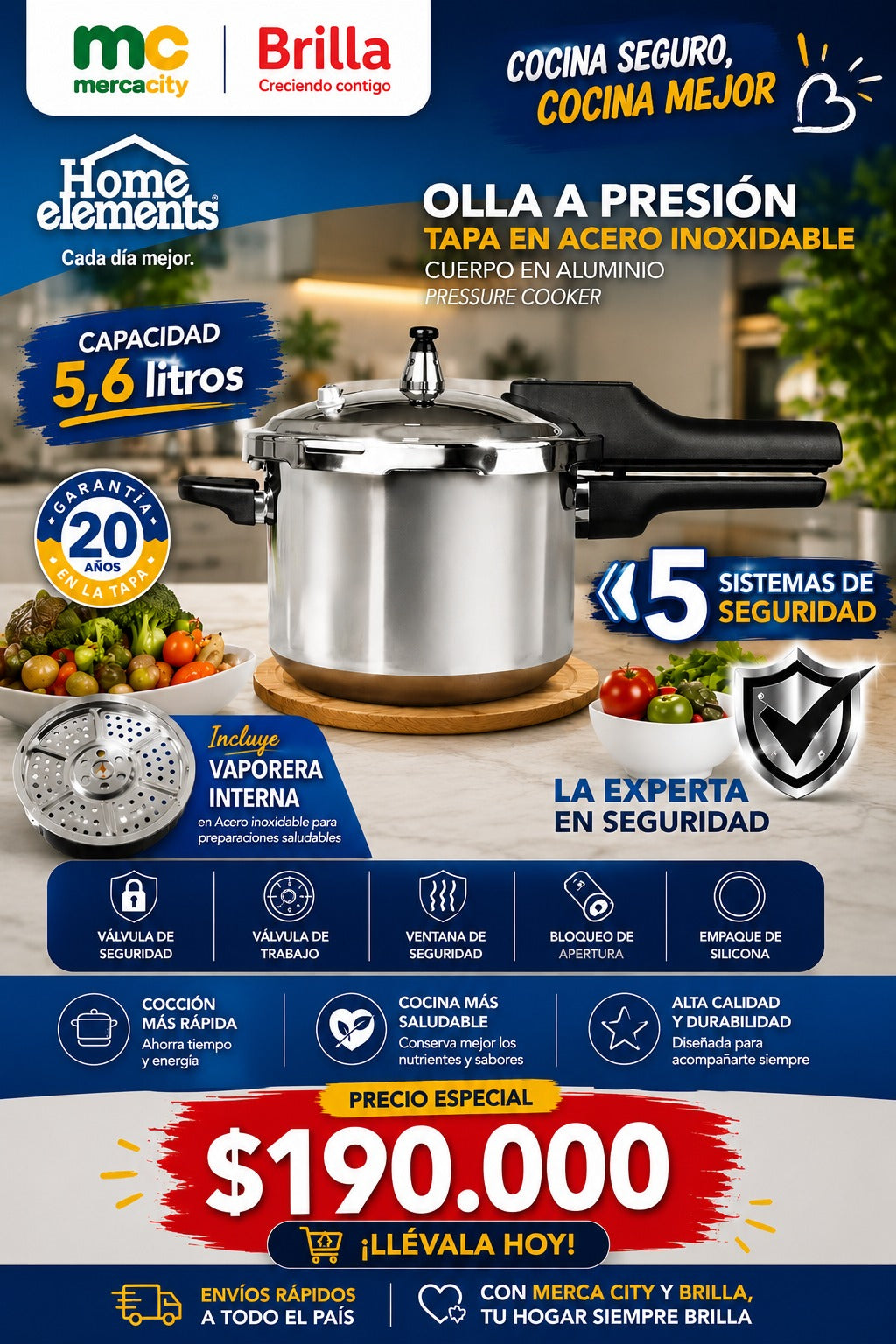 OLLA A PRESIÓN HOME ELEMENTS 5.6 LITROS - Mercacity Colombia