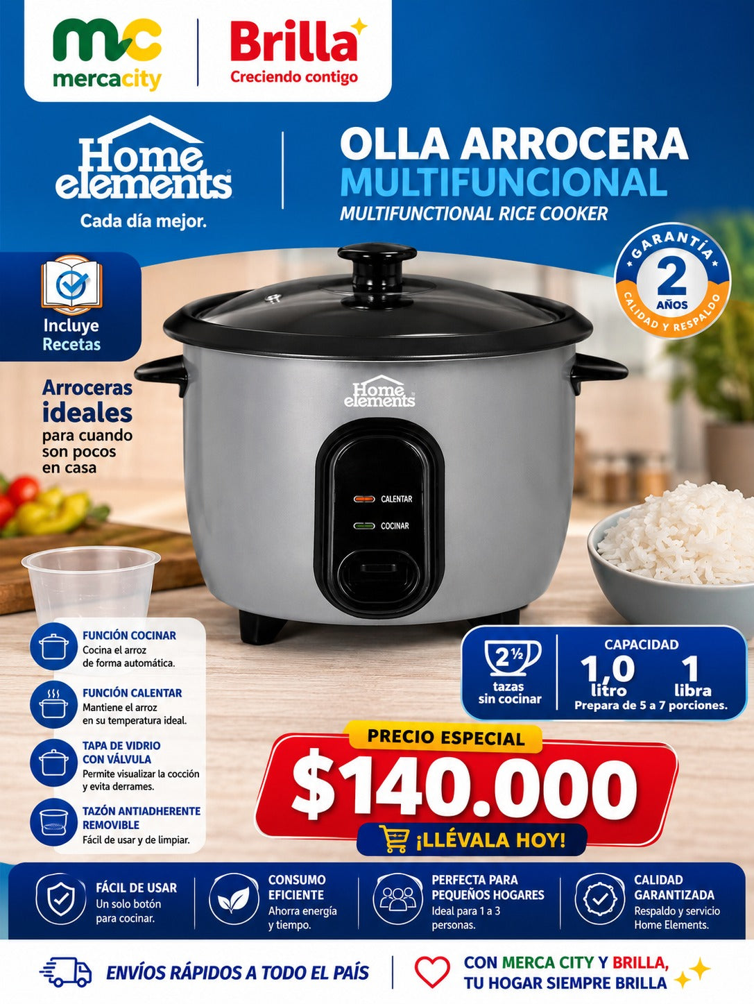 OLLA ARROCERA MULTIFUNCIONAL 1 LITRO 1 LIBRA HOME ELEMENTS - Mercacity Colombia