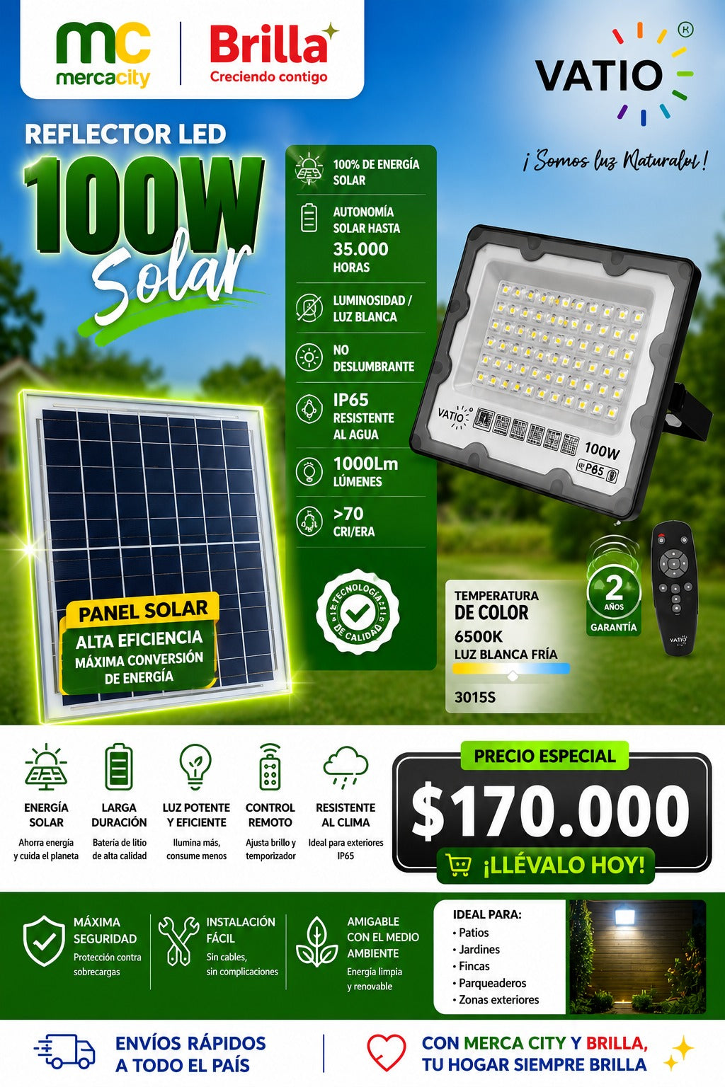REFLECTOR LED 100W SOLAR CON CONTROL REMOTO VATIO - Mercacity Colombia