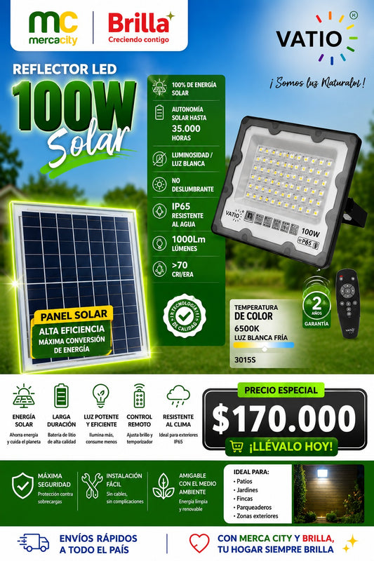 REFLECTOR LED 100W SOLAR CON CONTROL REMOTO VATIO - Mercacity Colombia