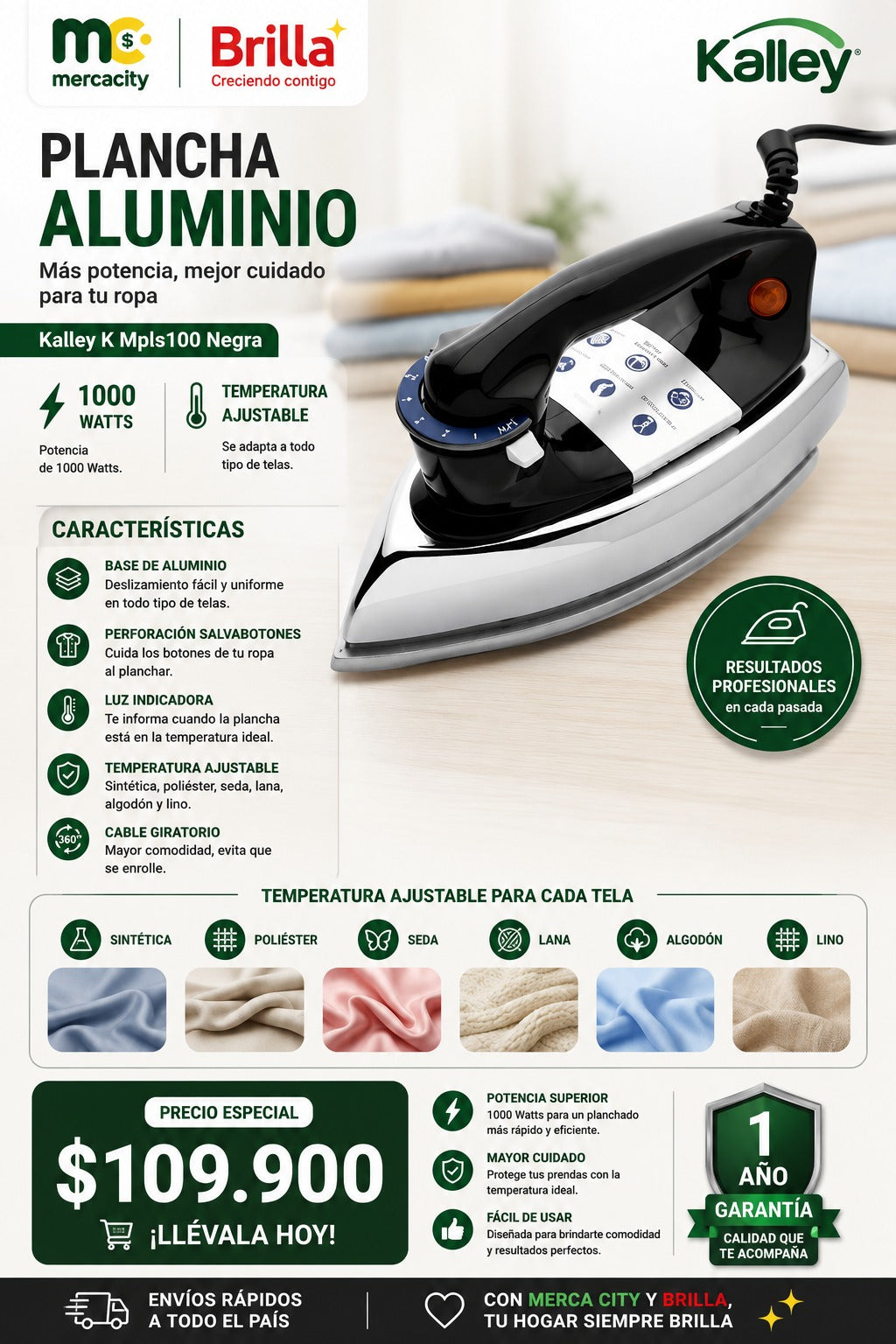 PLANCHA ALUMINIO 1000W TEMPERATURA AJUSTABLE KALLEY - Mercacity Colombia