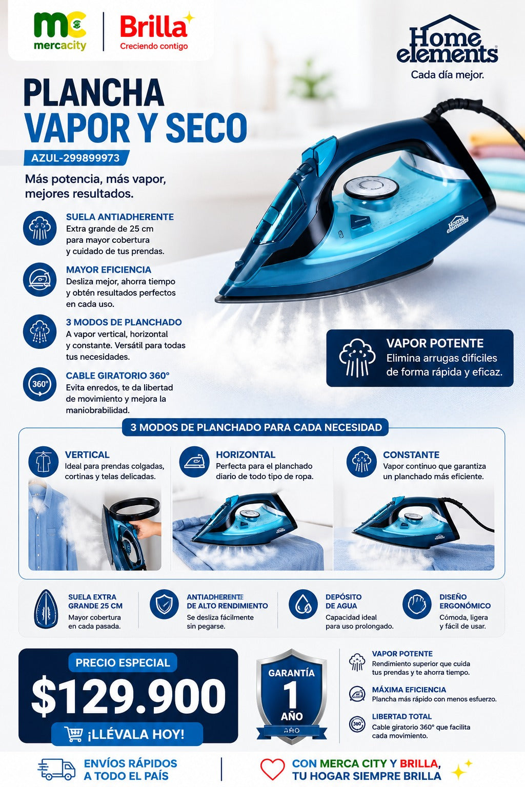 PLANCHA VAPOR Y SECO AZUL HOME ELEMENTS - Mercacity Colombia