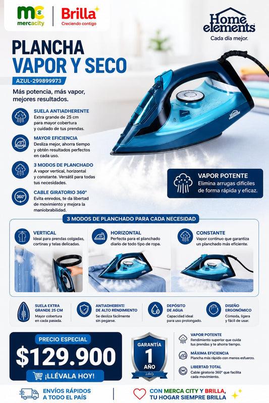 PLANCHA VAPOR Y SECO AZUL HOME ELEMENTS - Mercacity Colombia