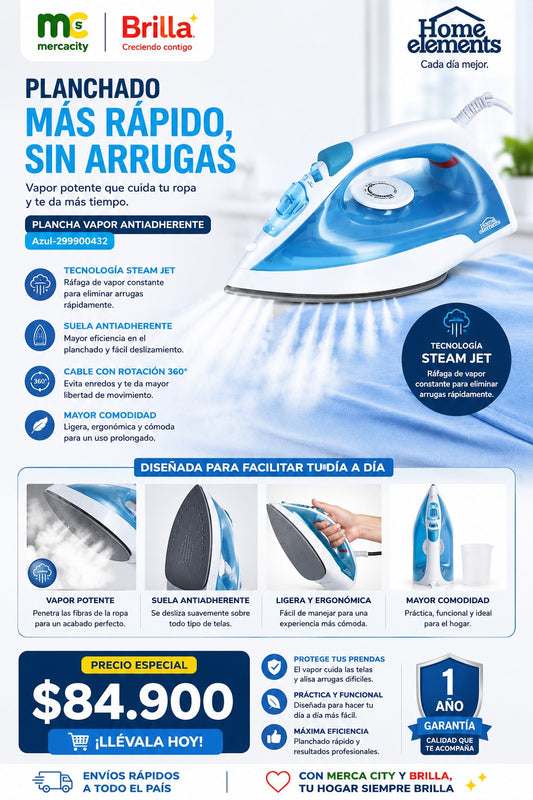 PLANCHA VAPOR ANTIADHERENTE HOME ELEMENTS STEAM JET - Mercacity Colombia