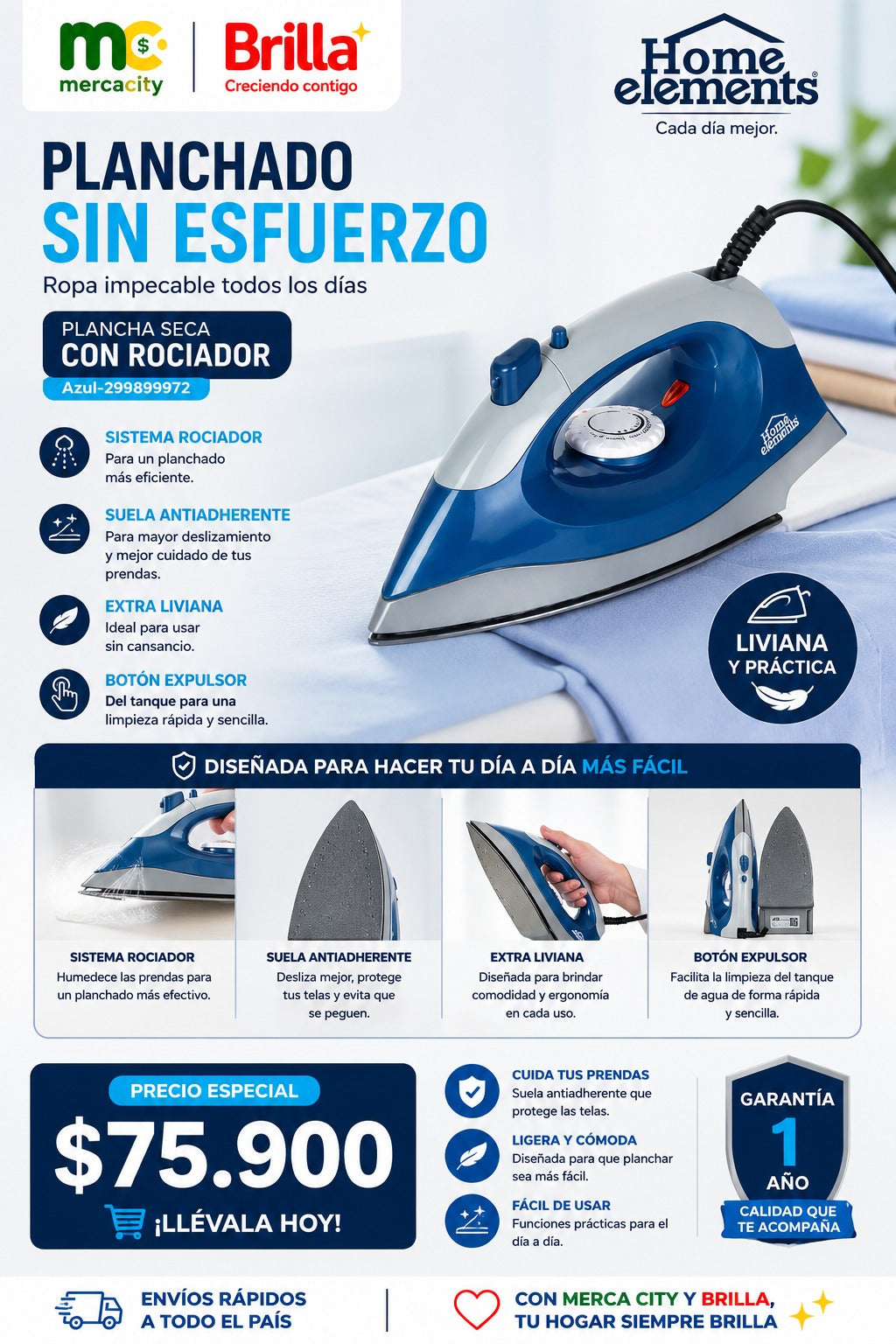 PLANCHA SECA CON ROCIADOR HOME ELEMENTS - Mercacity Colombia