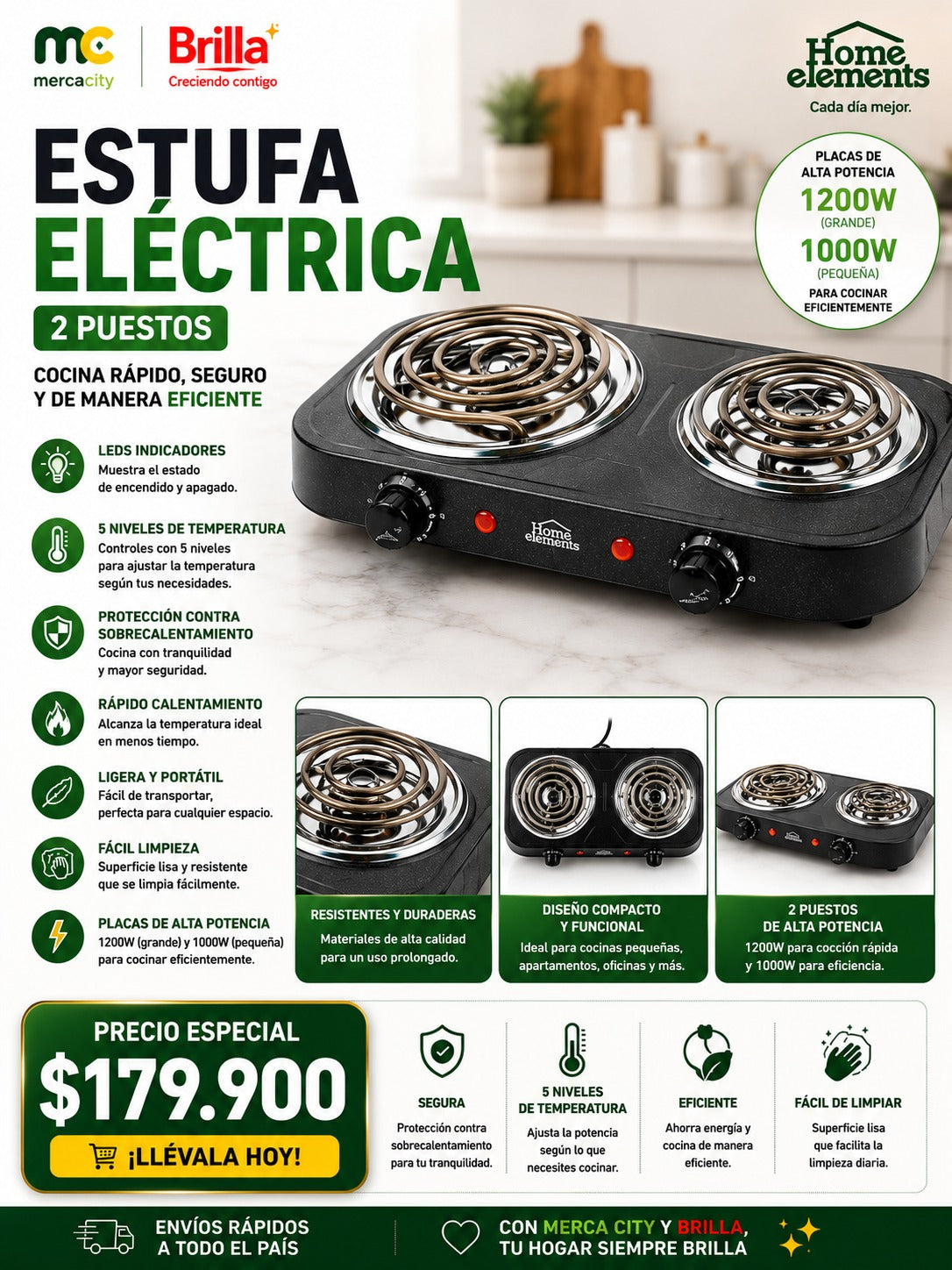 ESTUFA ELÉCTRICA 2 PUESTOS HOME ELEMENTS 1200W - Mercacity Colombia