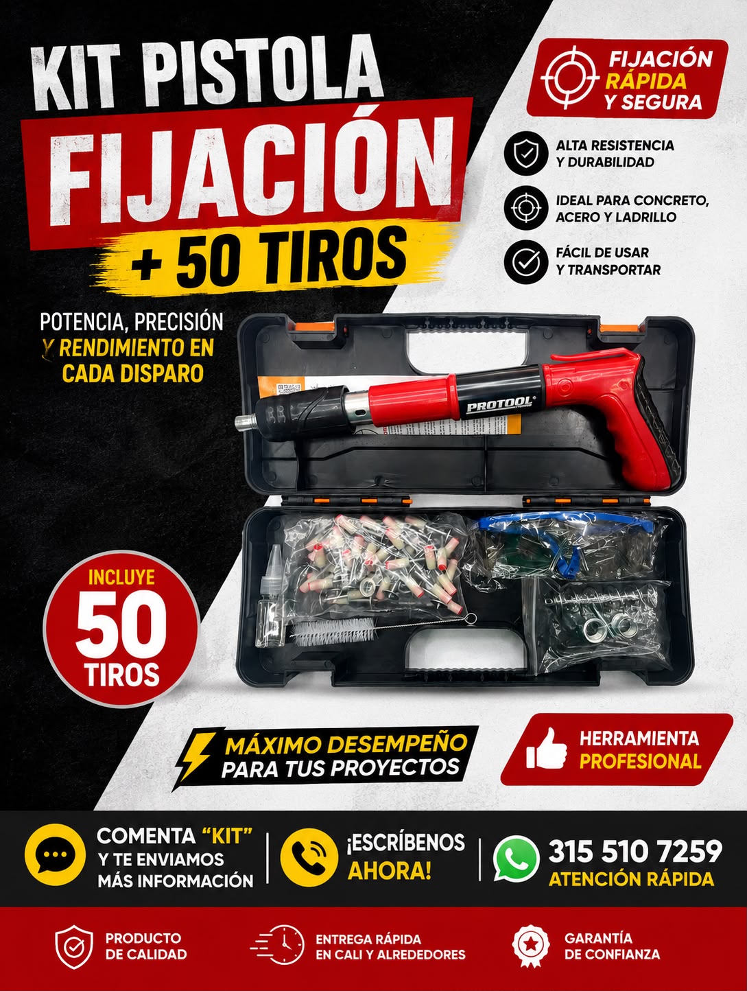 Kit Pistola de Fijación para Concreto, Acero y Ladrillo + 50 Tiros